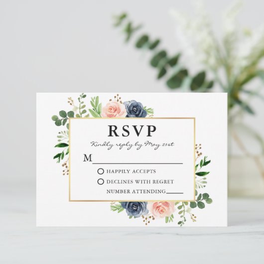 Dusty Blue Pink Waterverf Rozen Greenery Wedding RSVP Kaartje (Staand voorkant)
