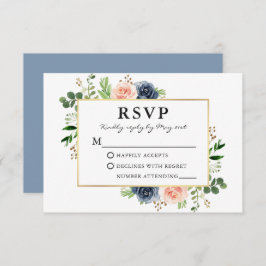 Dusty Blue Pink Waterverf Rozen Greenery Wedding RSVP Kaartje