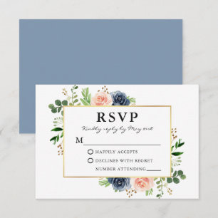 Dusty Blue Pink Waterverf Rozen Greenery Wedding RSVP Kaartje
