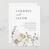 Dusty Blue Pink Wildflower bruiloft uitnodiging (Voorkant / Achterkant)