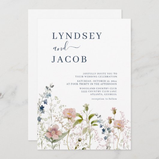 Dusty Blue Pink Wildflower bruiloft uitnodiging (Voorkant / Achterkant)