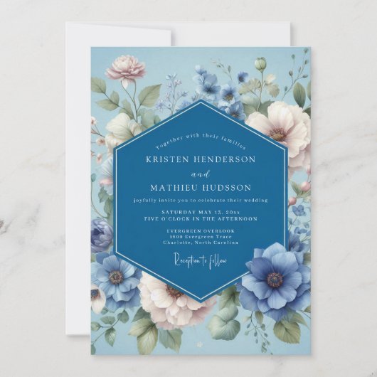 Dusty Blue Poetic Flora Wedding Kaart (Voorkant)