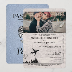 Dusty Blue Poland Passport Wedding Invitation Kaart