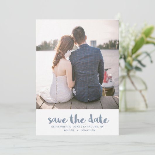 Dusty Blue Polka Dots Photo Weddenschap Save The Date (Staand voorkant)