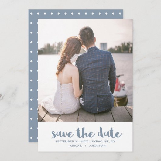 Dusty Blue Polka Dots Photo Weddenschap Save The Date (Voorkant / Achterkant)