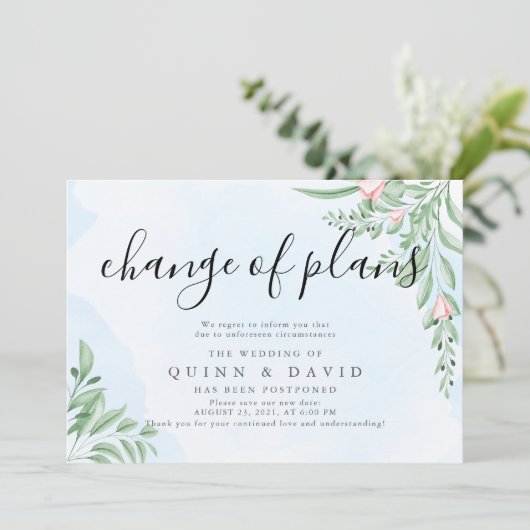 Dusty Blue Postponed Wedding Announding Kaarten (Staand voorkant)