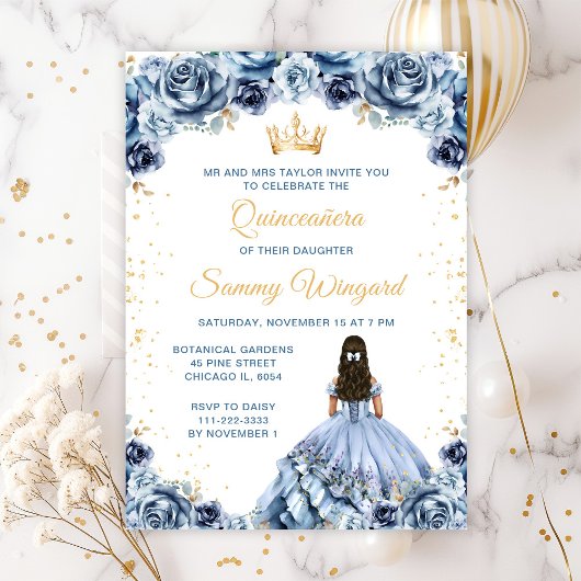 Dusty Blue Princess Floral Quinceañera Kaart