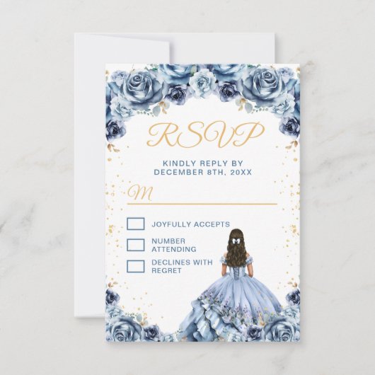 Dusty Blue Princess Floral Quinceañera RSVP Kaartje (Voorkant)