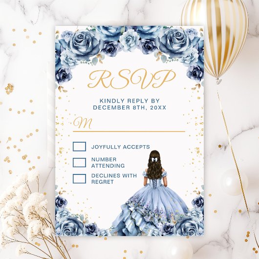 Dusty Blue Princess Floral Quinceañera RSVP Kaartje