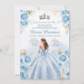 Dusty Blue Princess Floral Silver Quinceañera Kaart (Voorkant)