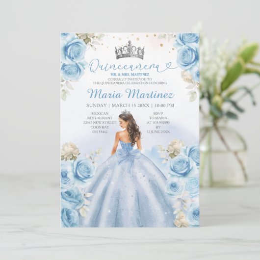 Dusty Blue Princess Floral Silver Quinceañera Kaart (Staand voorkant)