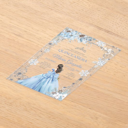 Dusty Blue Princess Floral Winter Snow Quinceañera Acryl Uitnodigingen (Laagn)