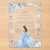 Dusty Blue Princess Floral Winter Snow Quinceañera Acryl Uitnodigingen (Voorkant)