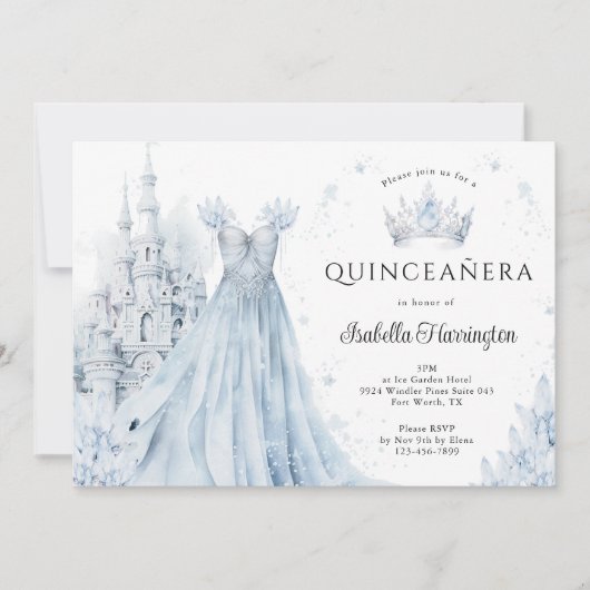 Dusty Blue Princess Winter Quinceanera Uitnodiging (Voorkant)
