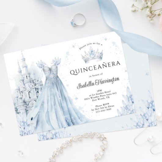 Dusty Blue Princess Winter Quinceanera Uitnodiging
