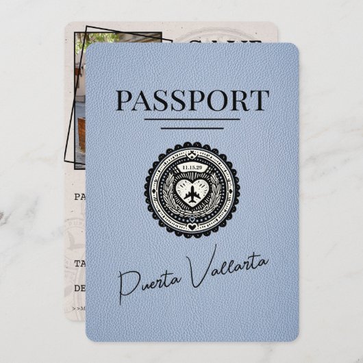Dusty Blue Puerta Vallarta Passport Bewaar de datu Save The Date (Voorkant / Achterkant)