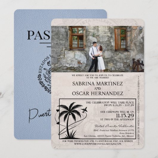 Dusty Blue Puerta Vallarta Passport Wedding Kaart (Voorkant / Achterkant)