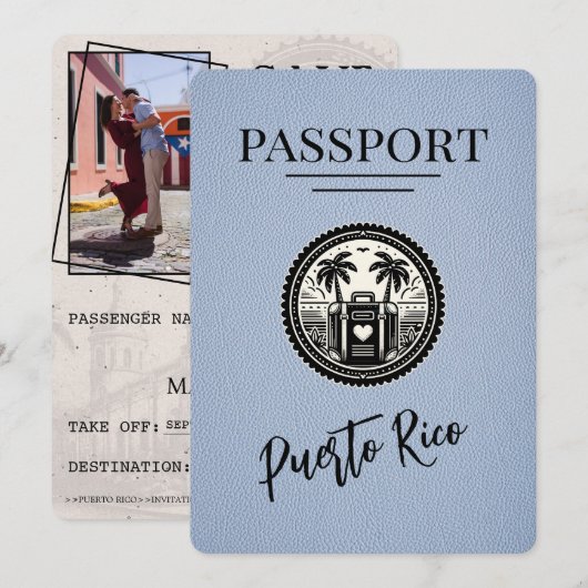 Dusty Blue Puerto Rico Passport Save The Date (Voorkant / Achterkant)