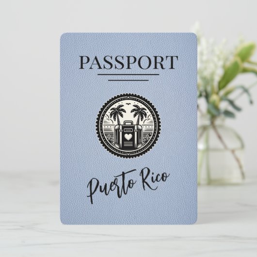 Dusty Blue Puerto Rico Passport Save The Date (Staand voorkant)