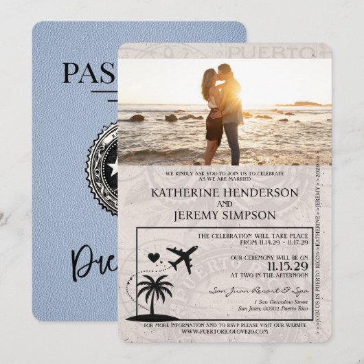 Dusty Blue Puerto Rico Passport Wedding Kaart (Voorkant / Achterkant)