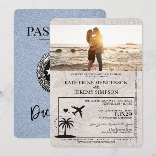 Dusty Blue Puerto Rico Passport Wedding Kaart