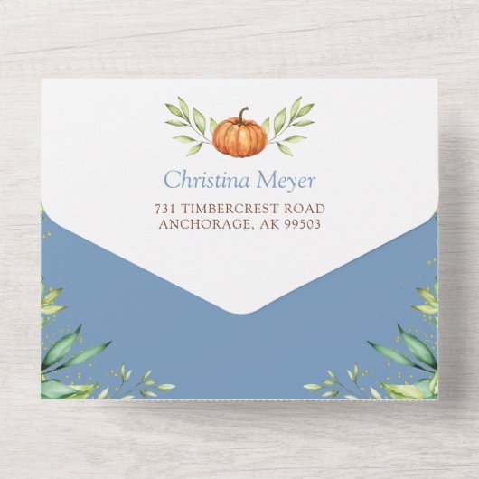 Dusty Blue Pumpkin-Baby shower en luidere Raffle All In One Uitnodiging (Achterkant)