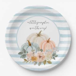 Dusty Blue Pumpkin Borden Rustige Herfst Baby show Papieren Bordje