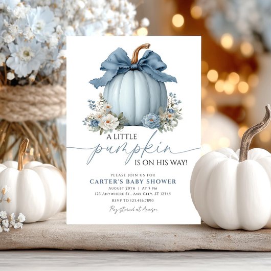 Dusty Blue Pumpkin Boy Baby shower Invitation Kaart