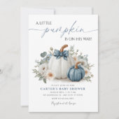 Dusty Blue Pumpkin Boy Baby shower Invitation Kaart (Voorkant)