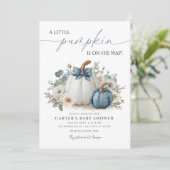 Dusty Blue Pumpkin Boy Baby shower Invitation Kaart (Staand voorkant)