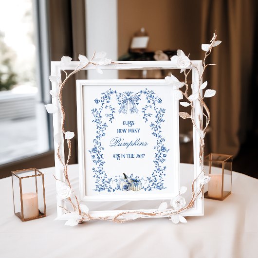 Dusty Blue Pumpkin Floral Baby shower Guess spel Poster