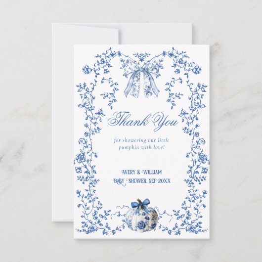 Dusty Blue Pumpkin Herfst Floral Boy Baby shower Bedankkaart (Voorkant)