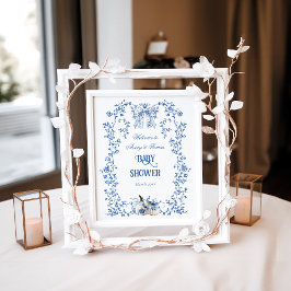 Dusty Blue Pumpkin Herfst Floral Boy Baby shower Poster