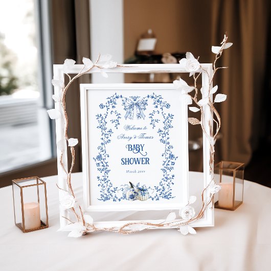 Dusty Blue Pumpkin Herfst Floral Boy Baby shower Poster