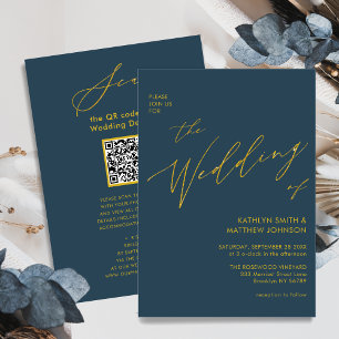 Dusty Blue QR Code All in One Gold Script Weduwen Kaart
