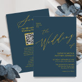 Dusty Blue QR Code All in One Gold Script Weduwen Kaart