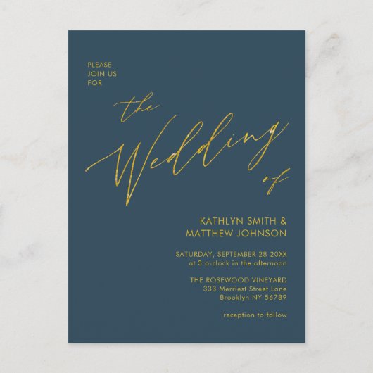 Dusty Blue QR Code All in One Gold Script Weduwen Uitnodiging Briefkaart (Voorkant)