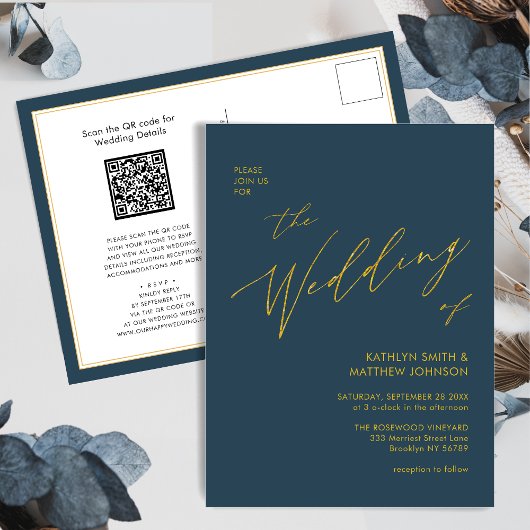 Dusty Blue QR Code All in One Gold Script Weduwen Uitnodiging Briefkaart