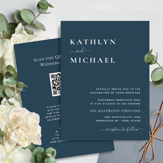 Dusty Blue QR Code All in One Modern Chic Wedding Kaart