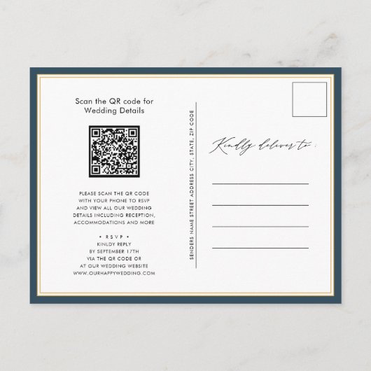 Dusty Blue QR Code All in One Modern Chic Wedding Uitnodiging Briefkaart (Achterkant)