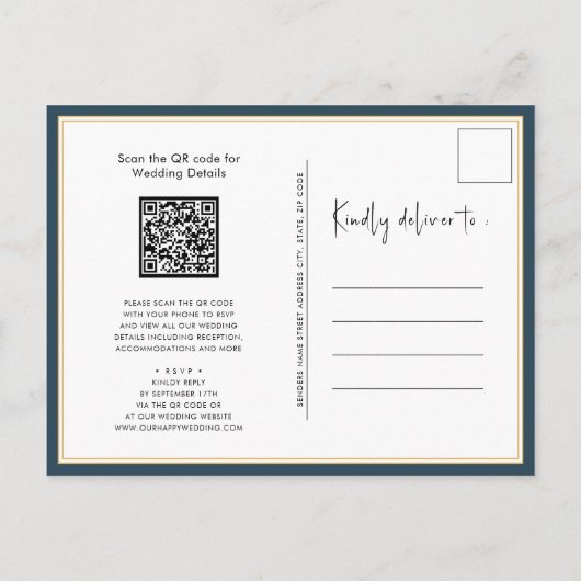 Dusty Blue QR Code All in One Modern Chic Wedding Uitnodiging Briefkaart (Achterkant)