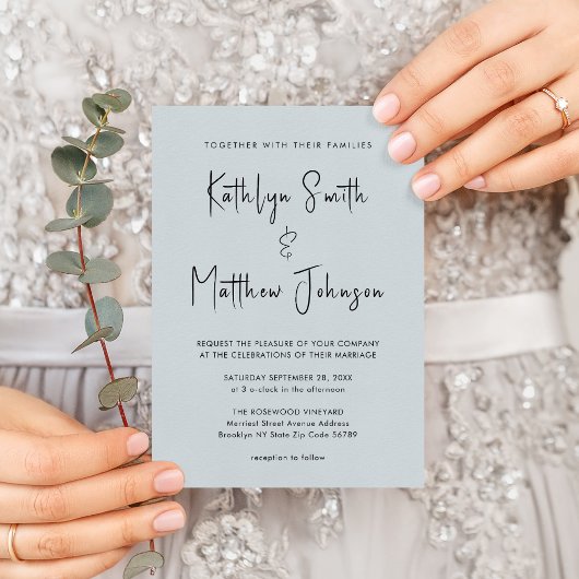 Dusty Blue QR Code All in One Modern Weddenschap Kaart