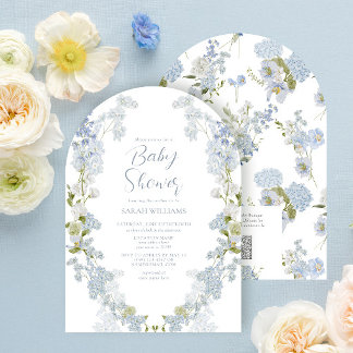 Dusty Blue QR Code Bloemen Waterverf Baby shower Kaart