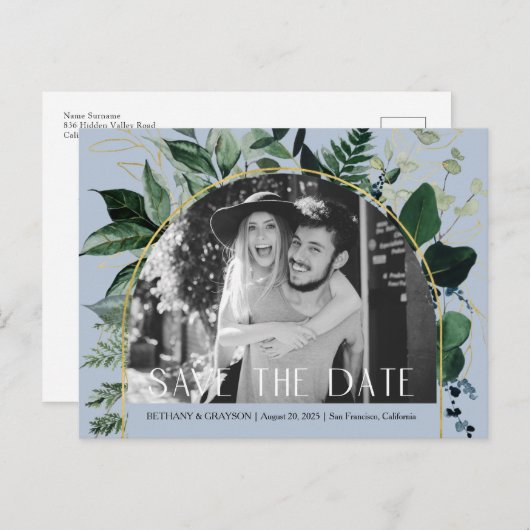 Dusty Blue, QR code Botanische foto sla de datum o Aankondigingskaart (Voorkant / Achterkant)