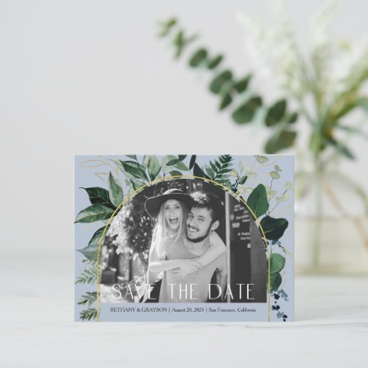 Dusty Blue, QR code Botanische foto sla de datum o Aankondigingskaart (Staand voorkant)