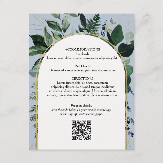 Dusty Blue QR-code Botanische trouwkaart Informatiekaartje (Voorkant)