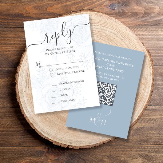 Dusty Blue QR Code Floral Classic Maaltijd Keuze RSVP Kaartje