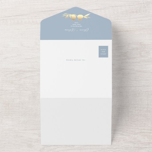 Dusty Blue QR Code Fotobruiloft All In One Uitnodiging (Buitenkant)