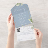 Dusty Blue QR Code Gold Arch Greenery Wedding All In One Uitnodiging (Afscheurbaar)