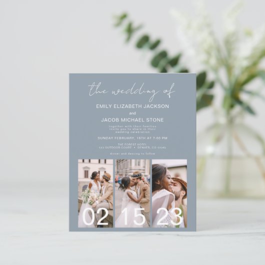 Dusty Blue QR Code Kalligrafie Bruiloft uitnodigin (Staand voorkant)